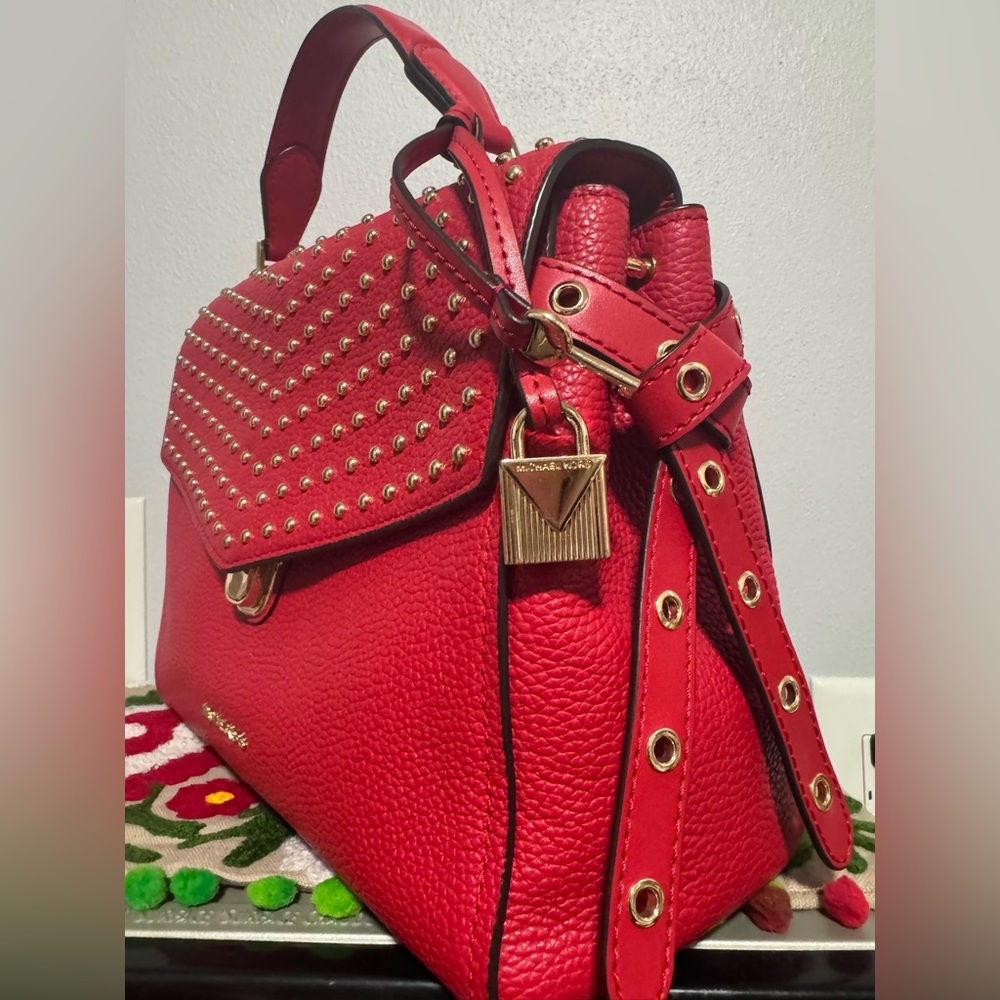 MICHAEL KORS red Bristol Medium Studded Leather Satchel crossbody bag - Picture 6 of 11
